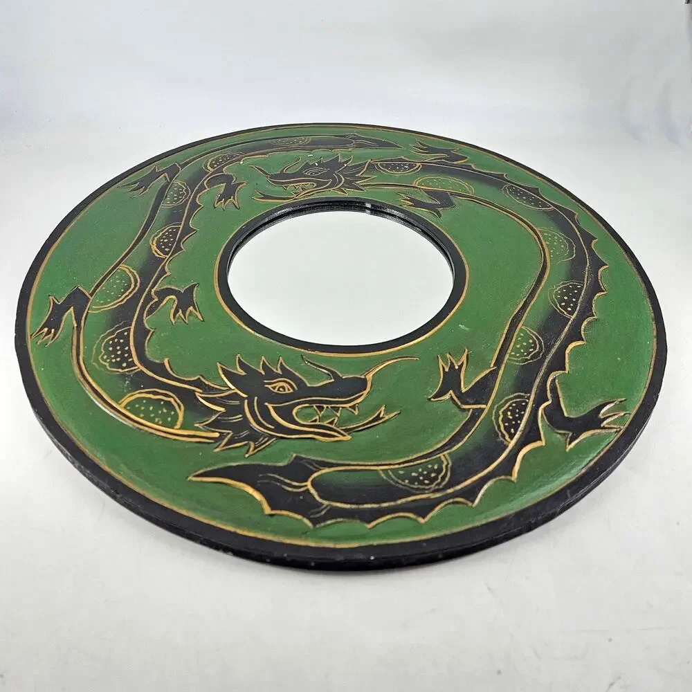Hand Painted carved Wood green dragon round mirror Wall Art 16